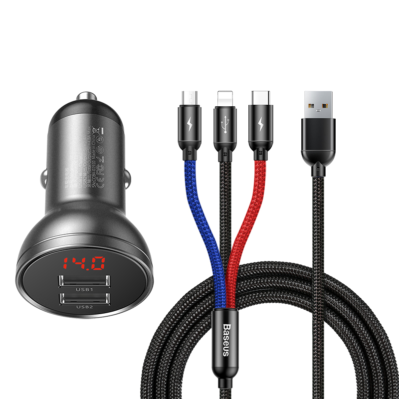 Адаптер автомобильный BASEUS Digital Display Dual |2USB, Lightning/Micro/Type-C cable, 4.8A, 24W|