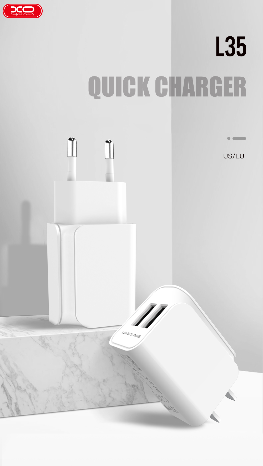 Адаптер мережевий XO Dual U L35 |2USB, 2.1A|