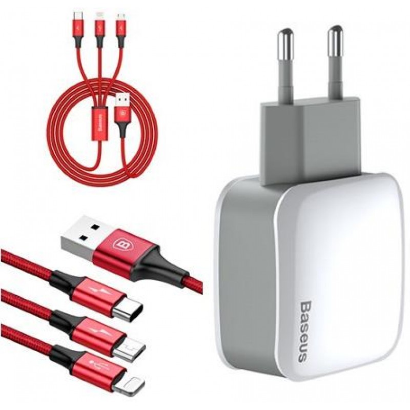 Адаптер мережевий BASEUS Letour 3-in-1 cable Lightning+Micro USB+Type-C |2USB, 2.1A|