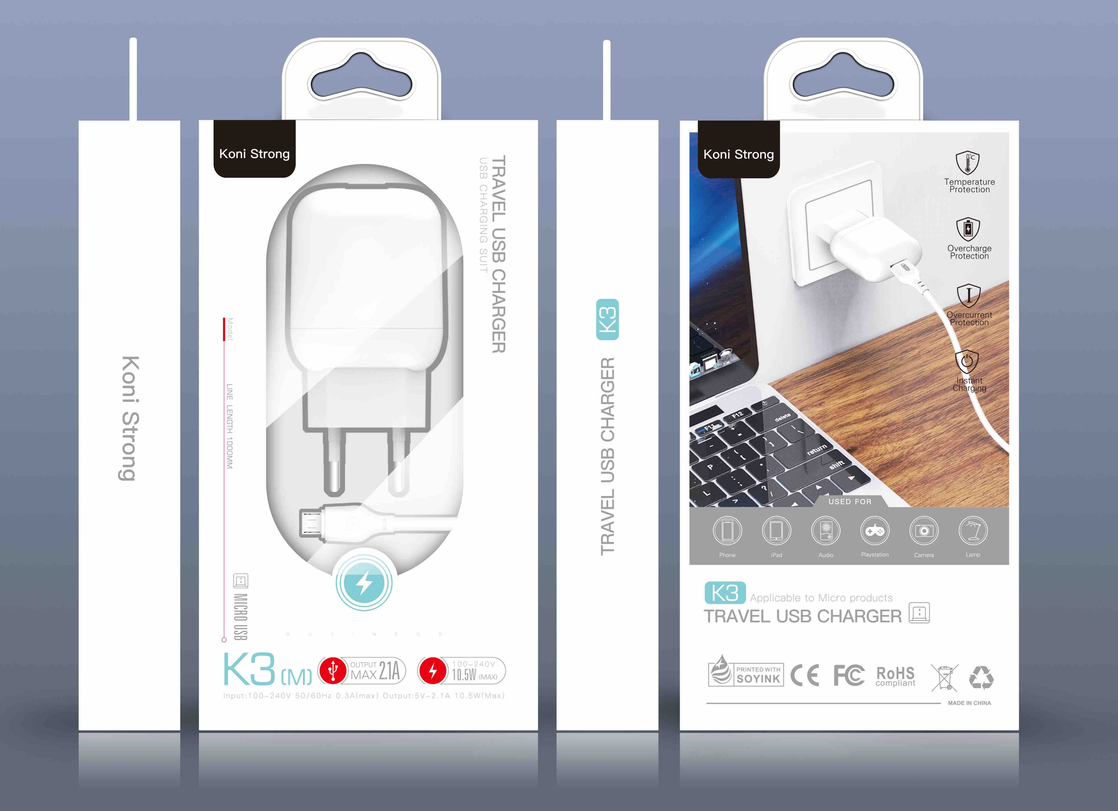 Адаптер сетевой KONI STRONG Micro USB cable K3(M) |1USB, 2.1A, 10.5W|