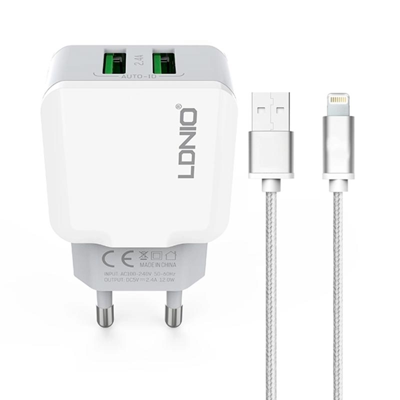 Адаптер мережевий Ldnio Lightning cable A2202 |2USB, 2.4A|