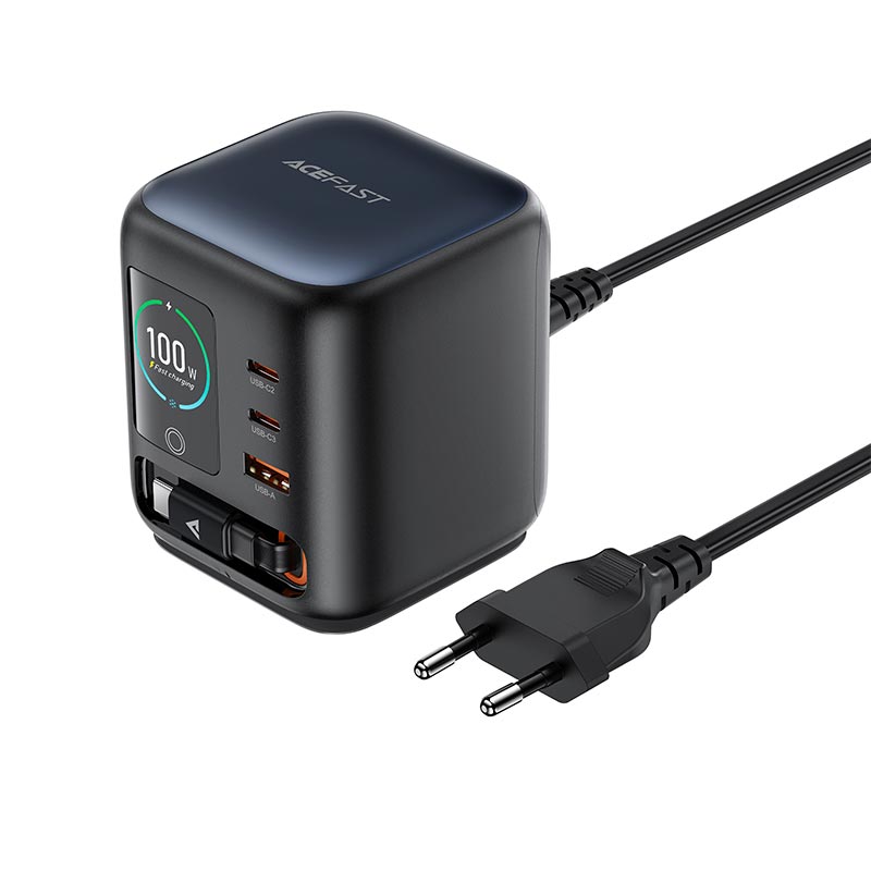 Адаптер мережевий ACEFAST GaN desktop charger with telescopic cable and smart TFT display Z10 |1USB/2Type-C,100W/3A,  PD/QC|