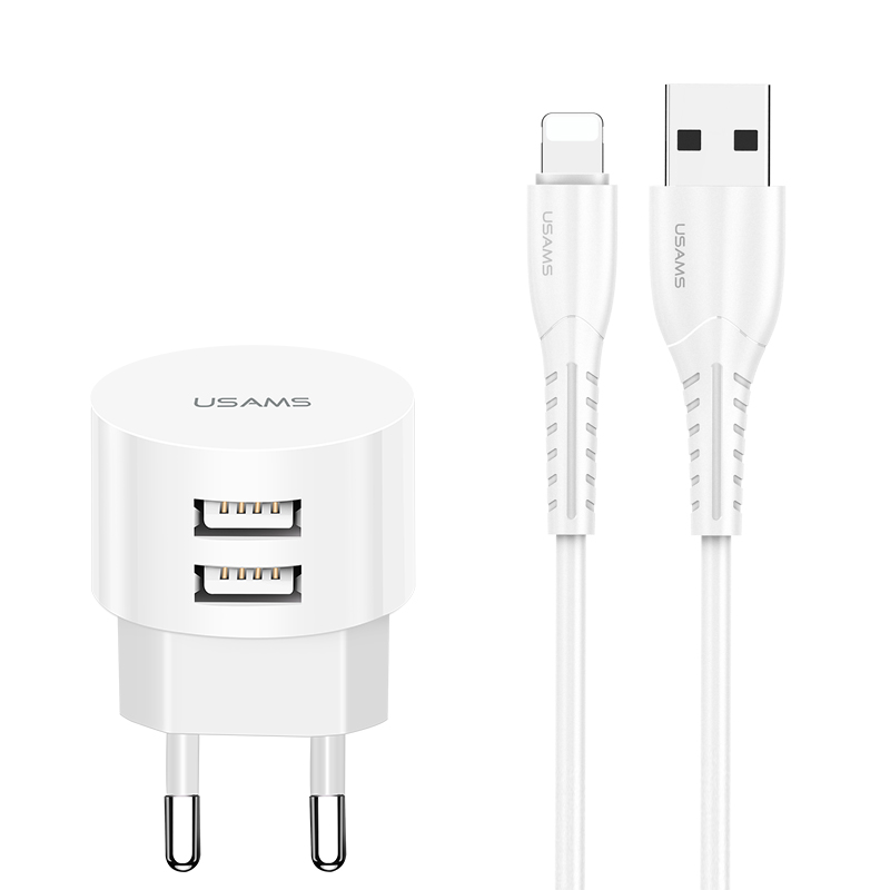 Адаптер сетевой USAMS Kit Sing-Tu Dual USB Round Travel Lightning cable T20 |2USB, 2.1A|