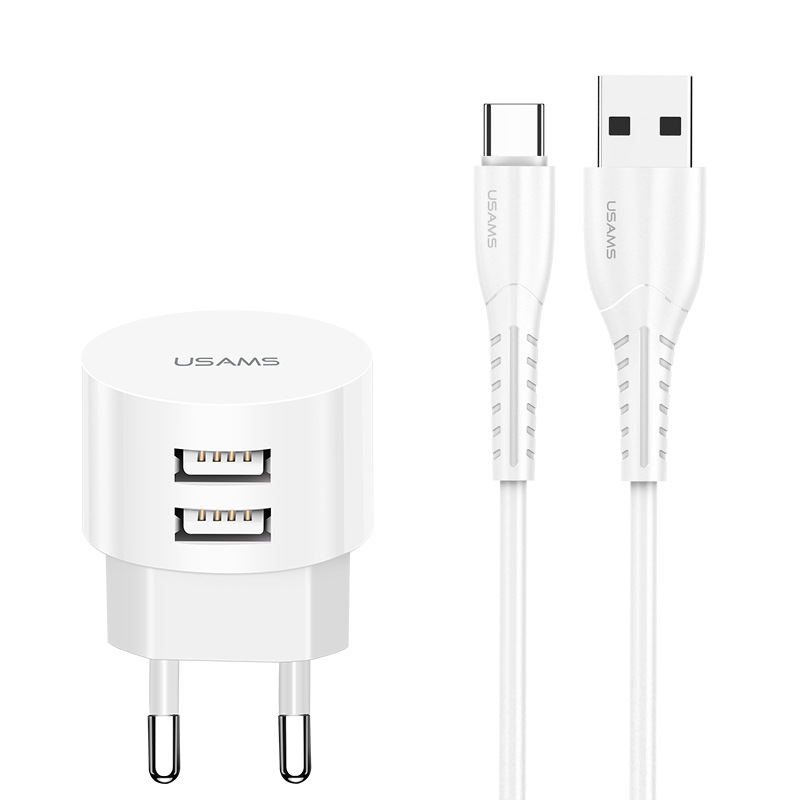 Адаптер мережевий USAMS Travel Charging Kit Sing-Tu T20 Dual USB Round Travel+U35  Type-C cable |2USB, 2.1A|