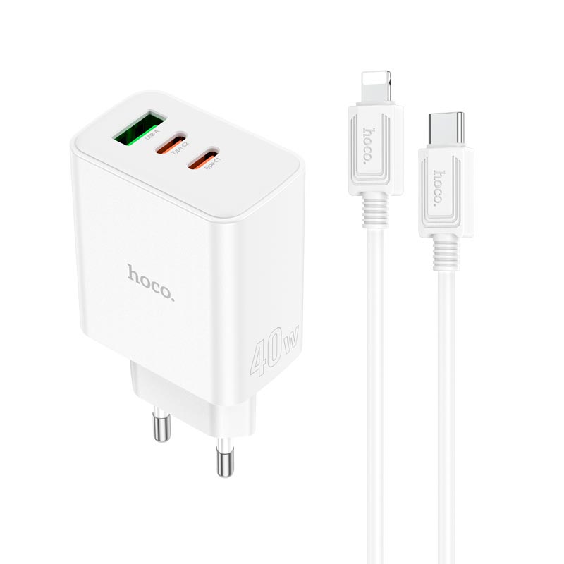 Адаптер сетевой HOCO Type-C to Lightning cable Pure power three-port C126A |1USB/2Type-C, 40W/3A, PD