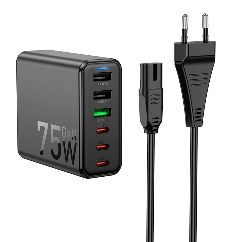 Адаптер сетевой HOCO Earl 6-port C133A |3USB/3Type-C, 75W/3A, PD/QC|