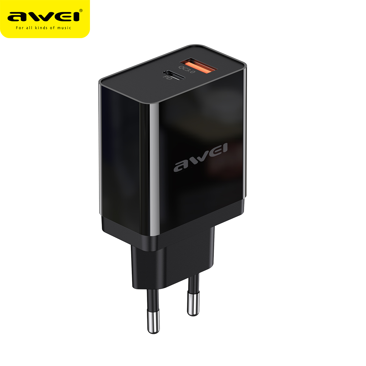 Адаптер мережевий AWEI C-980 |1USB/1Type-C, QC/PD, 3A|