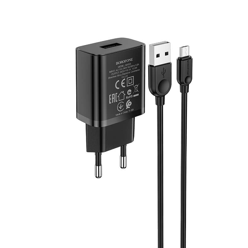 Адаптер мережевий BOROFONE Micro USB Cable Gamble single port charger BA52A |1USB, 2.1A|