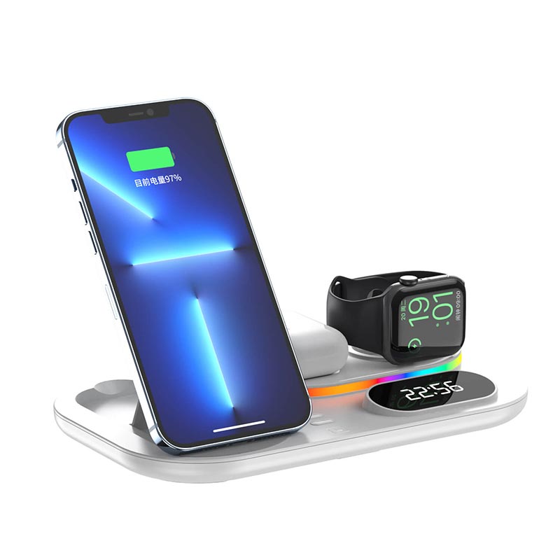 Зарядка Qi 4in1 wireless charger RGB/Clock JYD-WC124 |30W Total, Phone/Watch/Earphones|