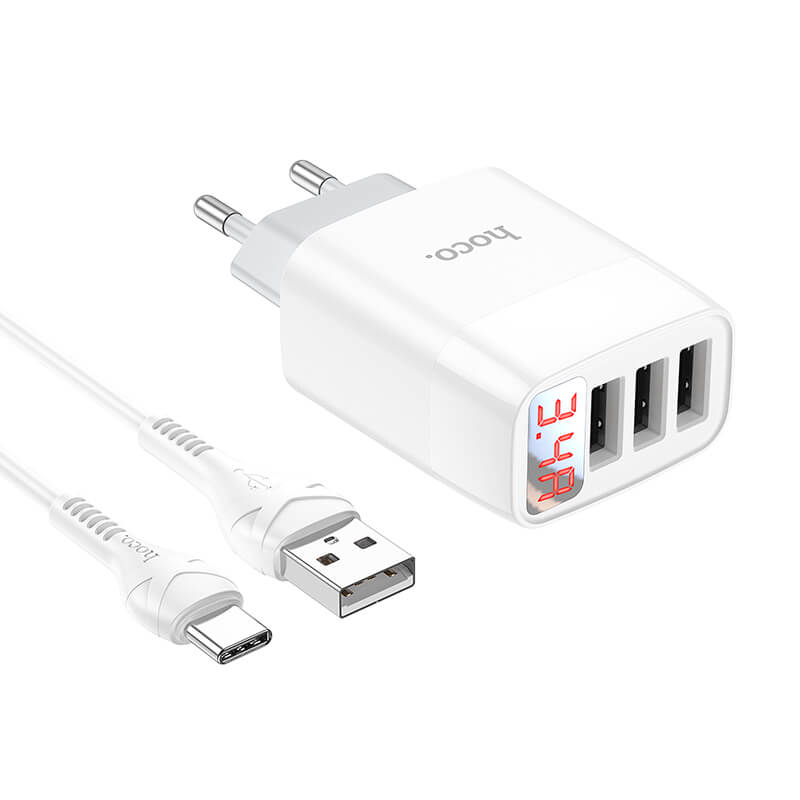 Адаптер Сетевой HOCO Type-C cable Easy charge digital display charger set C93A |3USB, 3.4A|