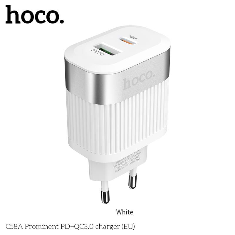 Адаптер мережевий HOCO Prominent C58A |1USB/1Type-C, QC3.0/PD, 3A|