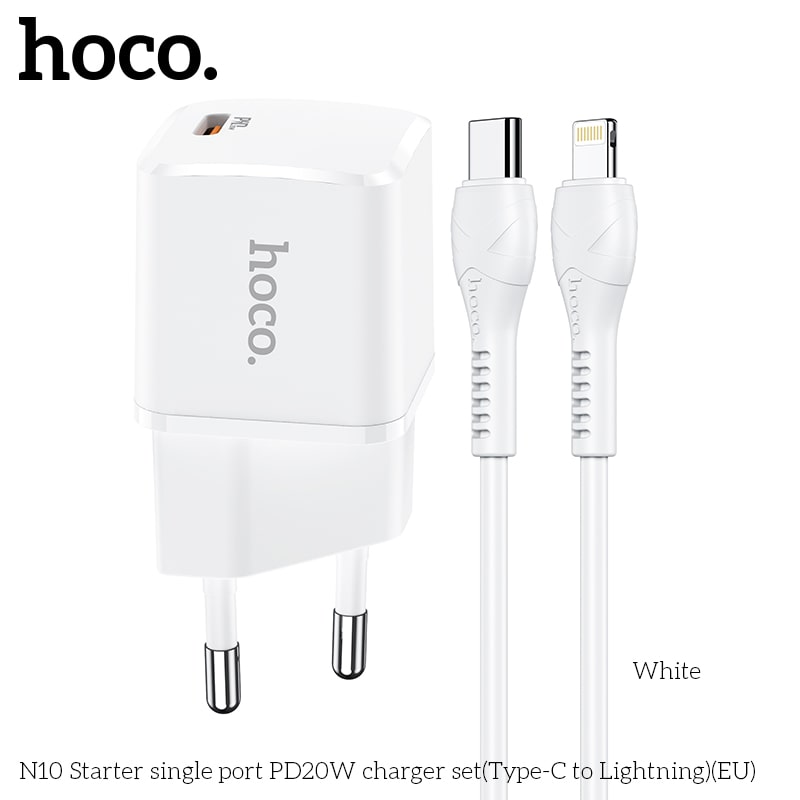 Адаптер сетевой HOCO Type-C to Lightning Cable Starter N10 |Type-C, PD, 20W| (Safety Certified)