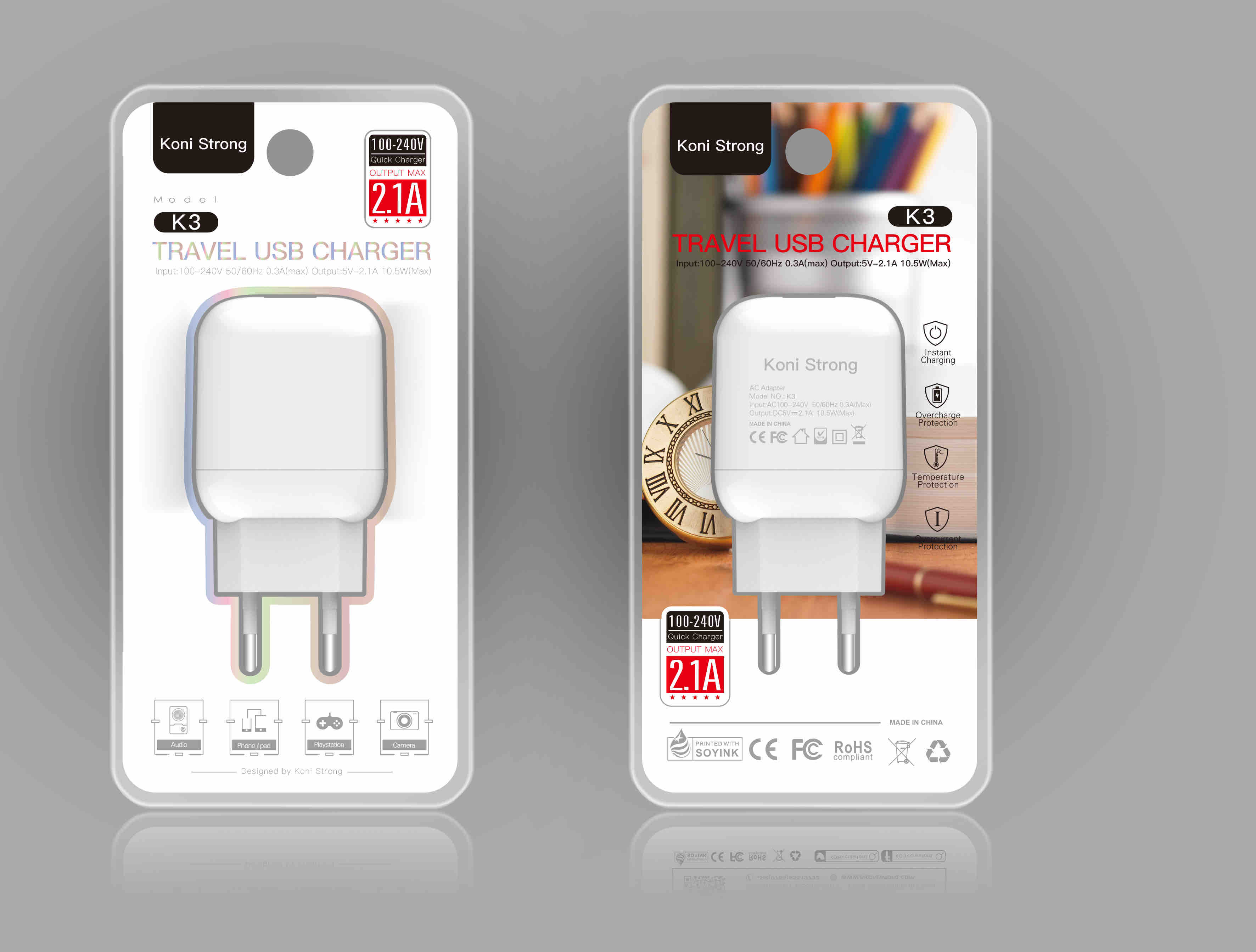 Адаптер мережевий KONI STRONG  K3 |1USB, 2.1A, 10.5W|
