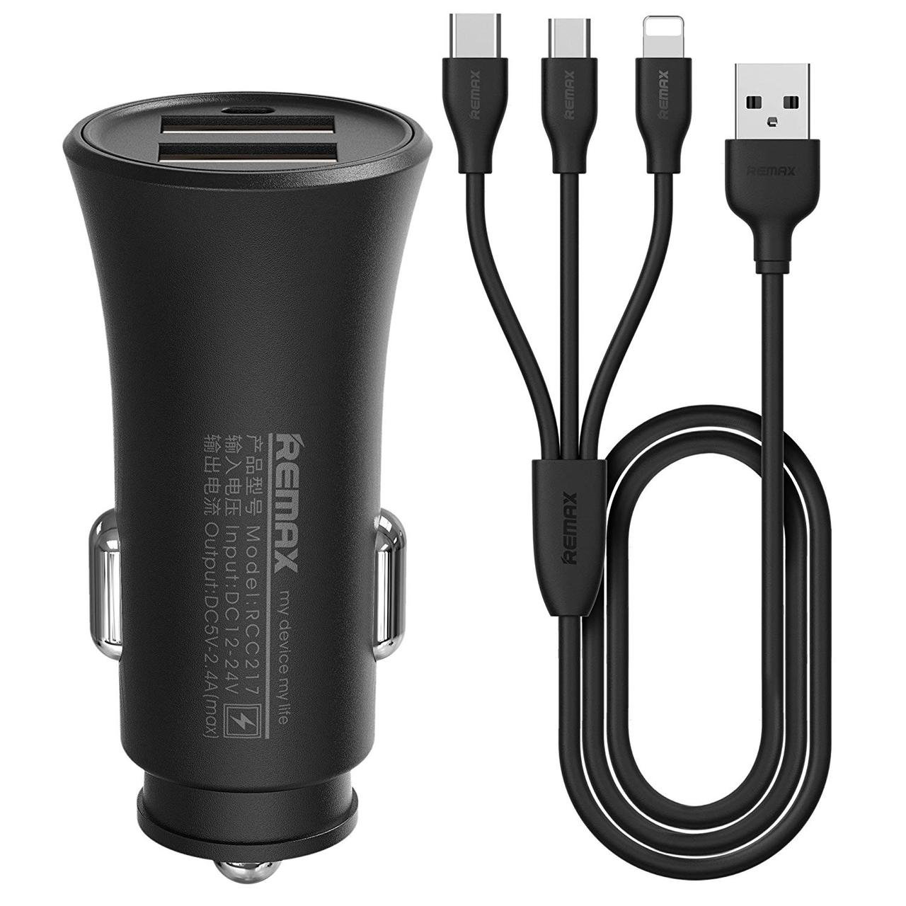 Адаптер автомобільний REMAX Rocket with 3in1 Lightning/Micro USB/ Type-C cable RCC217 |2USB, 2.4A|